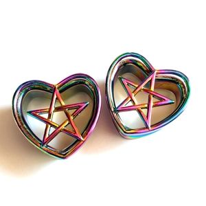 Rainbow heart pentagram/pentacle eyelets, 7/8 gauge
